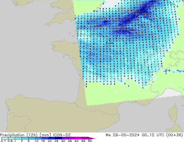 Precipitation (12h) ICON-D2 We 29.05.2024 12 UTC