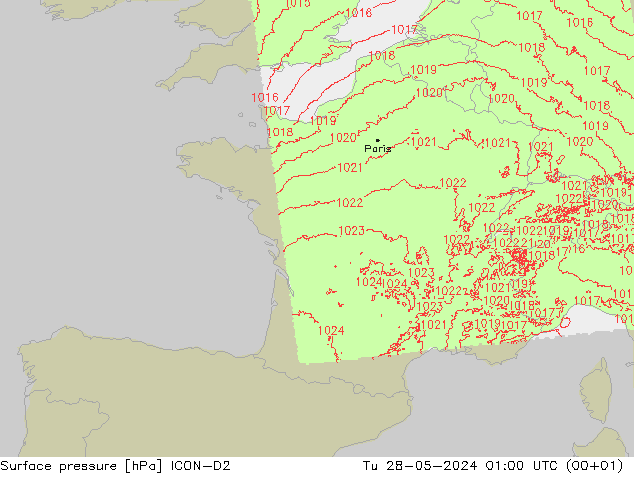 Surface pressure ICON-D2 Tu 28.05.2024 01 UTC