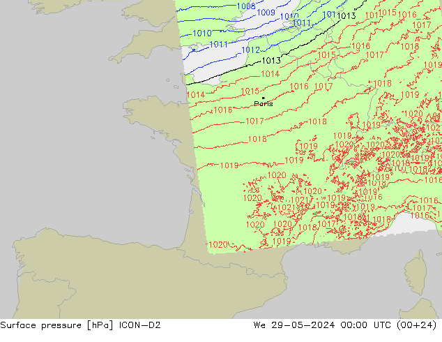 Presión superficial ICON-D2 mié 29.05.2024 00 UTC