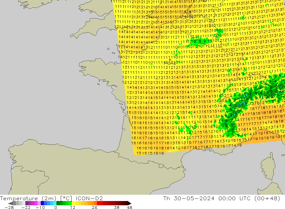 Temperature (2m) ICON-D2 Th 30.05.2024 00 UTC