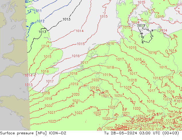 Surface pressure ICON-D2 Tu 28.05.2024 03 UTC