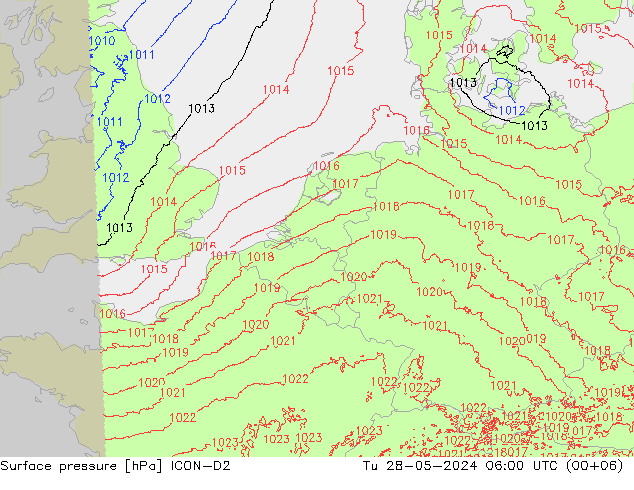 Surface pressure ICON-D2 Tu 28.05.2024 06 UTC