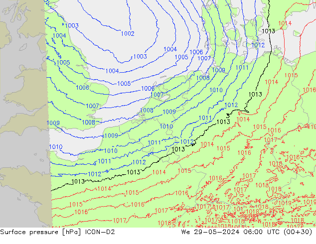 Luchtdruk (Grond) ICON-D2 wo 29.05.2024 06 UTC