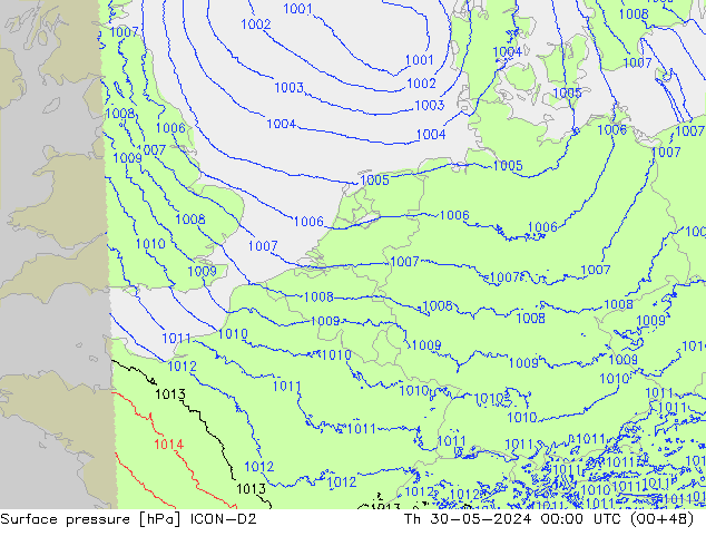 Pressione al suolo ICON-D2 gio 30.05.2024 00 UTC