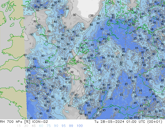 RH 700 hPa ICON-D2 Út 28.05.2024 01 UTC