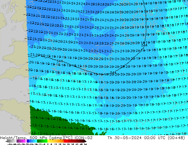 Height/Temp. 500 hPa ICON-D2 Qui 30.05.2024 00 UTC