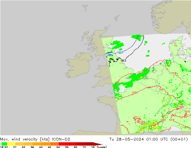 Maks. Rüzgar Hızı ICON-D2 Sa 28.05.2024 01 UTC