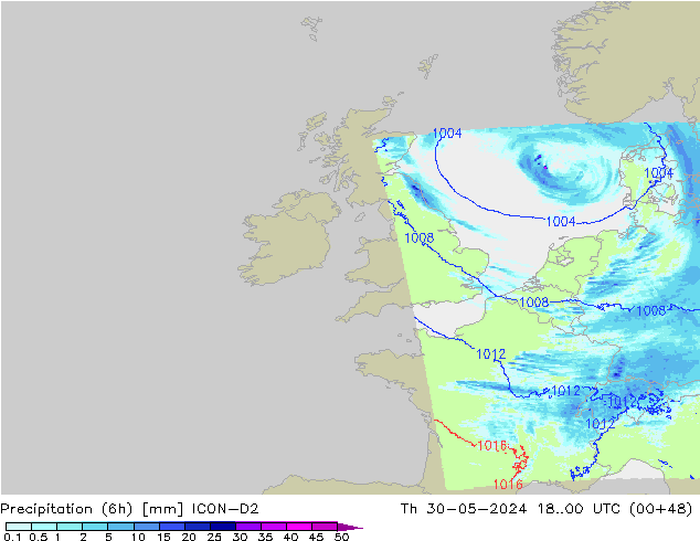 Precipitation (6h) ICON-D2 Th 30.05.2024 00 UTC