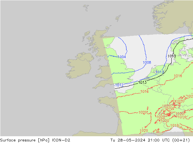 Surface pressure ICON-D2 Tu 28.05.2024 21 UTC
