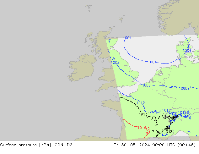 Presión superficial ICON-D2 jue 30.05.2024 00 UTC