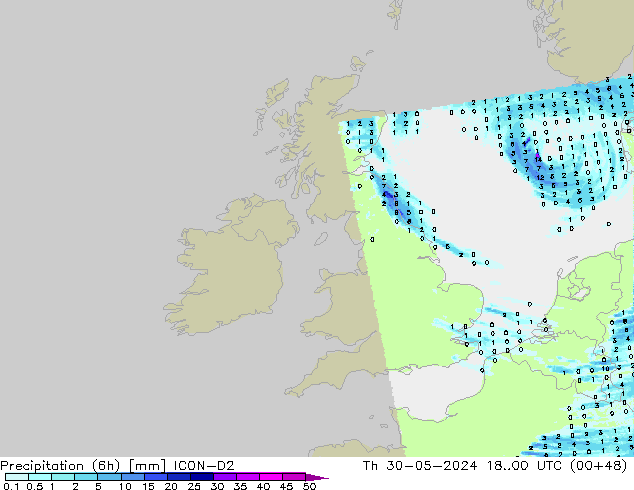 Precipitation (6h) ICON-D2 Čt 30.05.2024 00 UTC