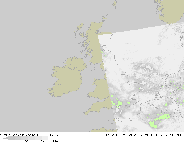 Cloud cover (total) ICON-D2 Čt 30.05.2024 00 UTC