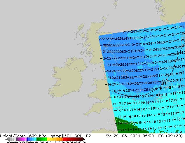 Height/Temp. 500 hPa ICON-D2 mer 29.05.2024 06 UTC