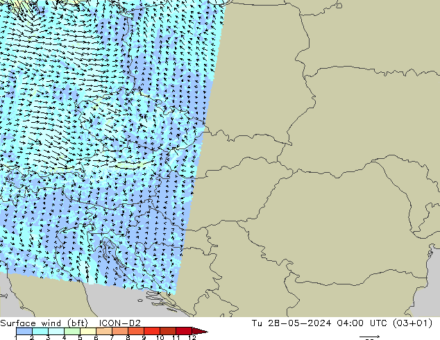 Bodenwind (bft) ICON-D2 Di 28.05.2024 04 UTC
