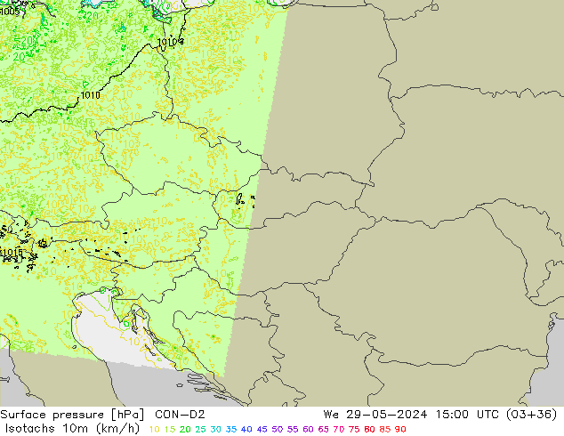 Izotacha (km/godz) ICON-D2 śro. 29.05.2024 15 UTC