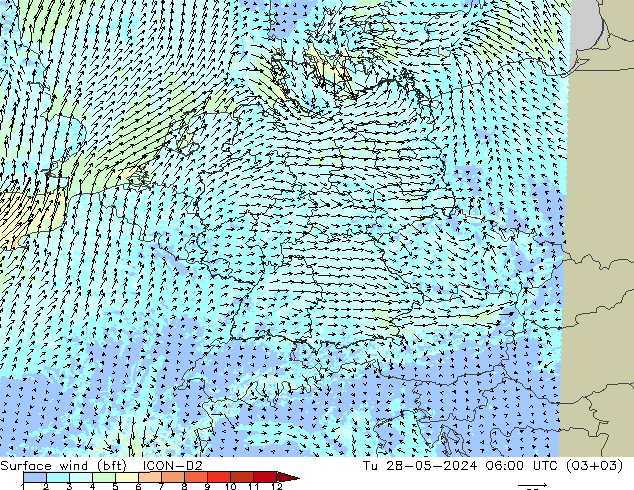 Surface wind (bft) ICON-D2 Tu 28.05.2024 06 UTC