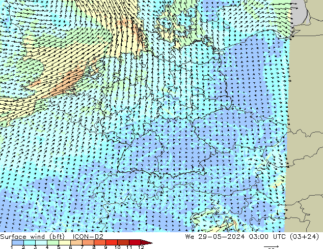 Surface wind (bft) ICON-D2 St 29.05.2024 03 UTC