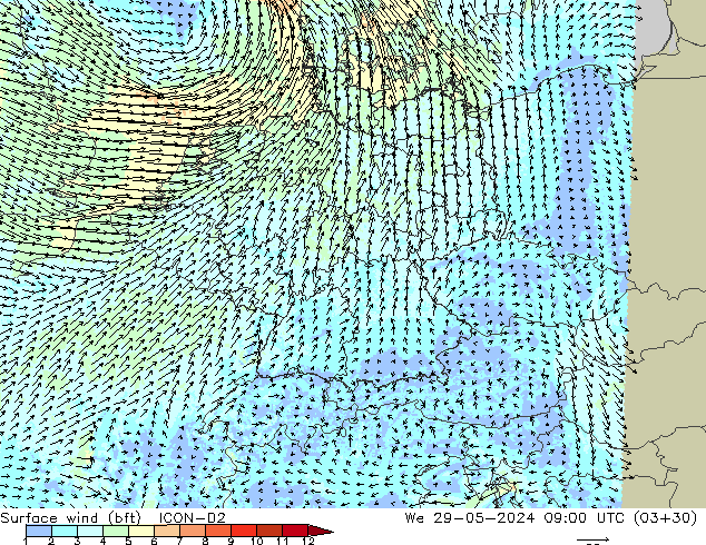 Bodenwind (bft) ICON-D2 Mi 29.05.2024 09 UTC