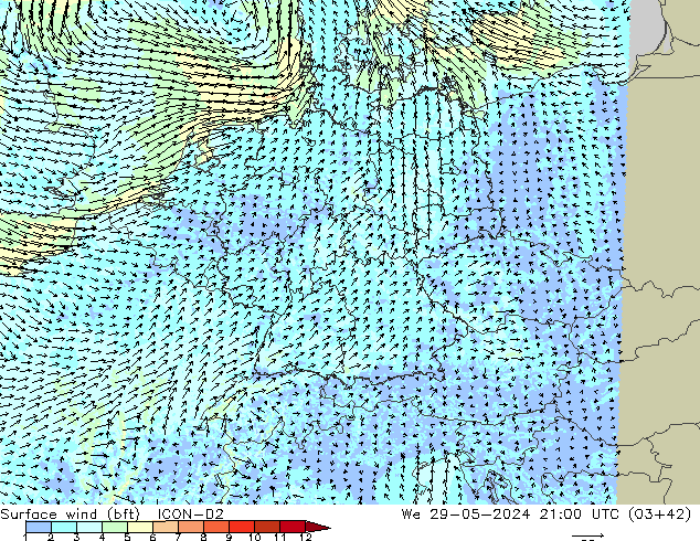 Surface wind (bft) ICON-D2 We 29.05.2024 21 UTC