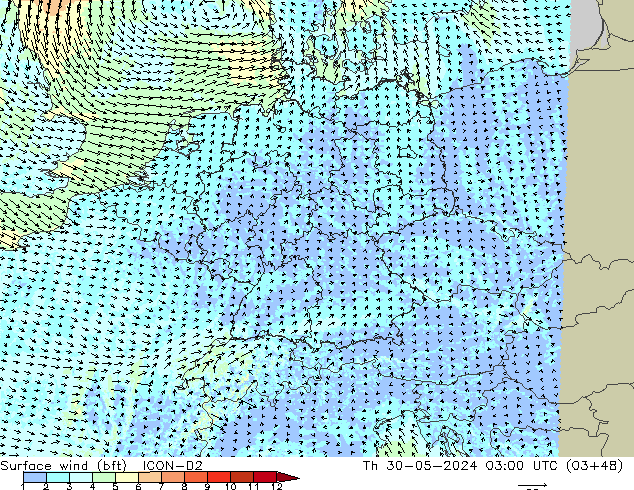 Surface wind (bft) ICON-D2 Th 30.05.2024 03 UTC