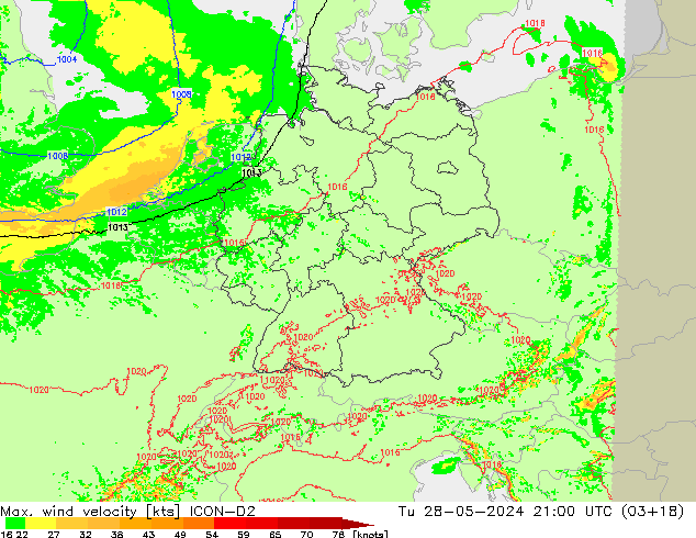 Max. wind velocity ICON-D2 Tu 28.05.2024 21 UTC