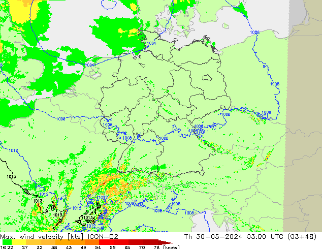 Max. wind snelheid ICON-D2 do 30.05.2024 03 UTC