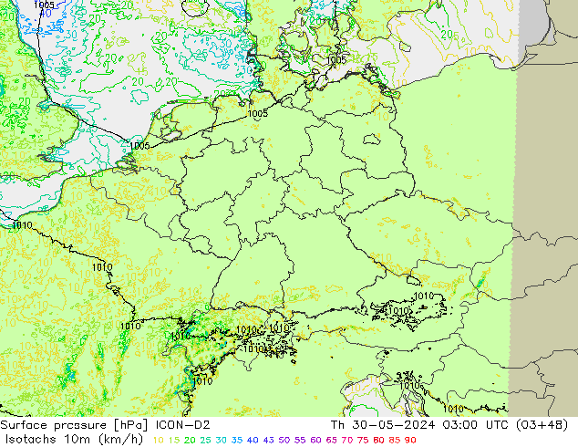 Isotachs (kph) ICON-D2 Th 30.05.2024 03 UTC