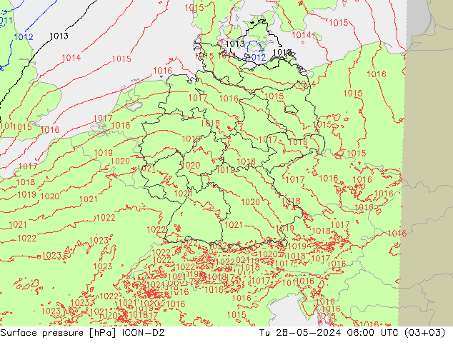 Presión superficial ICON-D2 mar 28.05.2024 06 UTC