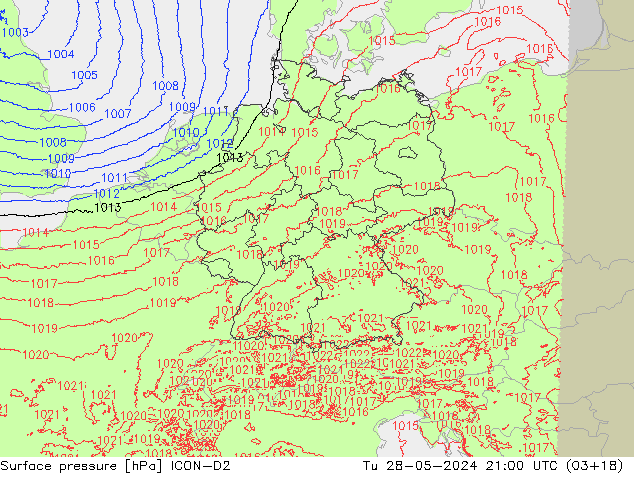 Surface pressure ICON-D2 Tu 28.05.2024 21 UTC