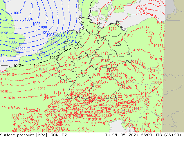 Surface pressure ICON-D2 Tu 28.05.2024 23 UTC