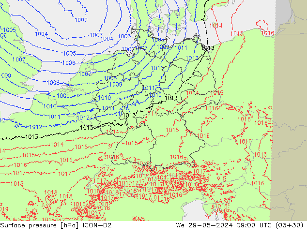 Surface pressure ICON-D2 We 29.05.2024 09 UTC