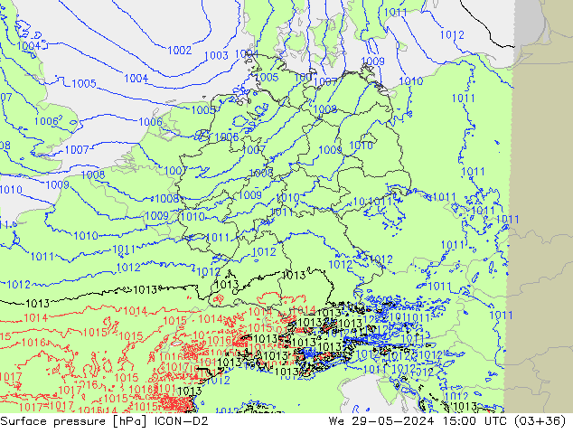 Surface pressure ICON-D2 We 29.05.2024 15 UTC