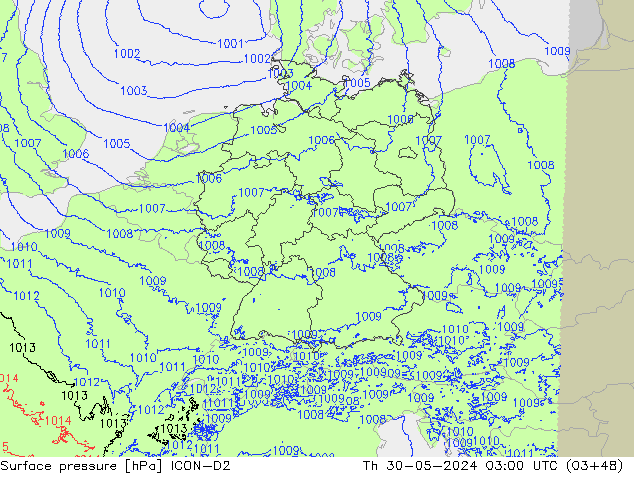 Presión superficial ICON-D2 jue 30.05.2024 03 UTC