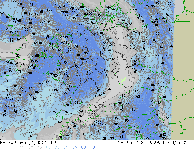 RH 700 hPa ICON-D2 Di 28.05.2024 23 UTC