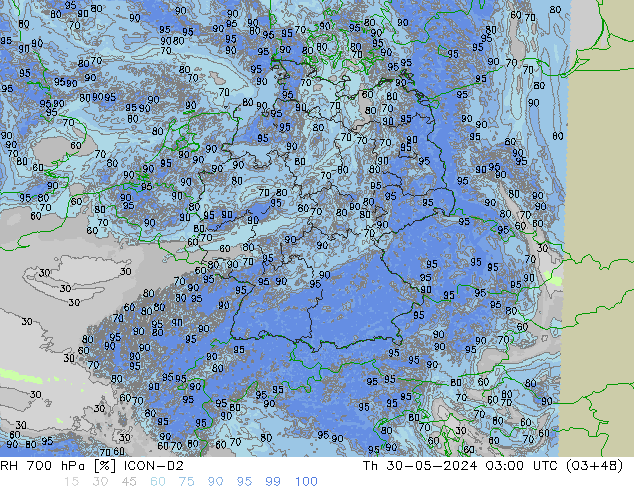 Humedad rel. 700hPa ICON-D2 jue 30.05.2024 03 UTC