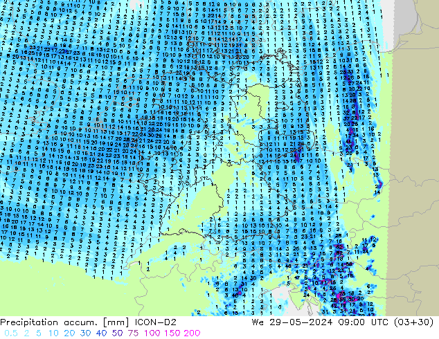 Totale neerslag ICON-D2 wo 29.05.2024 09 UTC