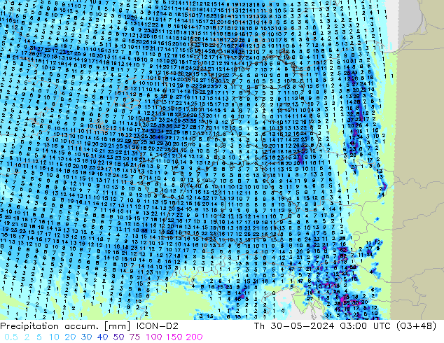 Precipitation accum. ICON-D2 Čt 30.05.2024 03 UTC