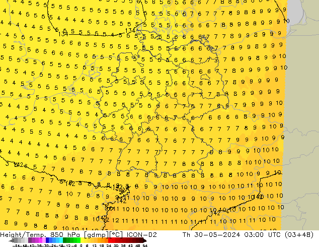 Height/Temp. 850 hPa ICON-D2 Čt 30.05.2024 03 UTC