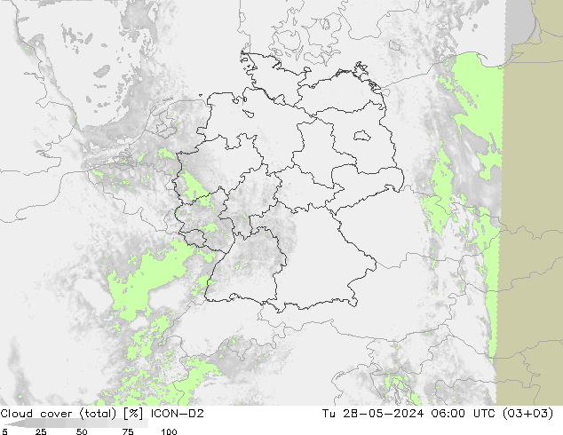 Cloud cover (total) ICON-D2 Tu 28.05.2024 06 UTC