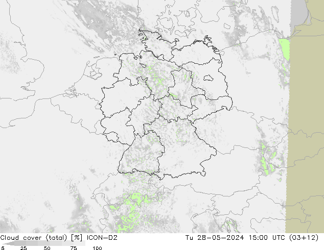 Cloud cover (total) ICON-D2 Út 28.05.2024 15 UTC