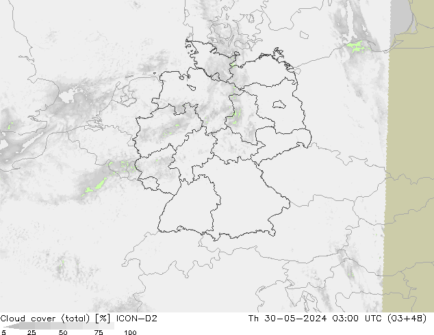 nuvens (total) ICON-D2 Qui 30.05.2024 03 UTC