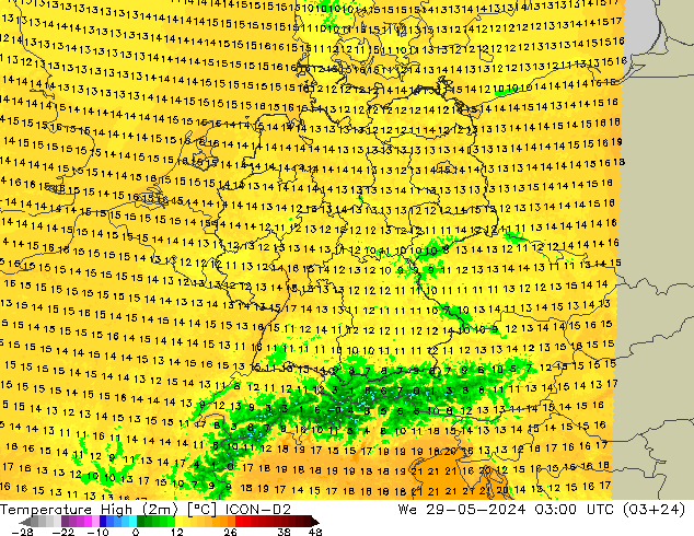 Temp. massima (2m) ICON-D2 mer 29.05.2024 03 UTC