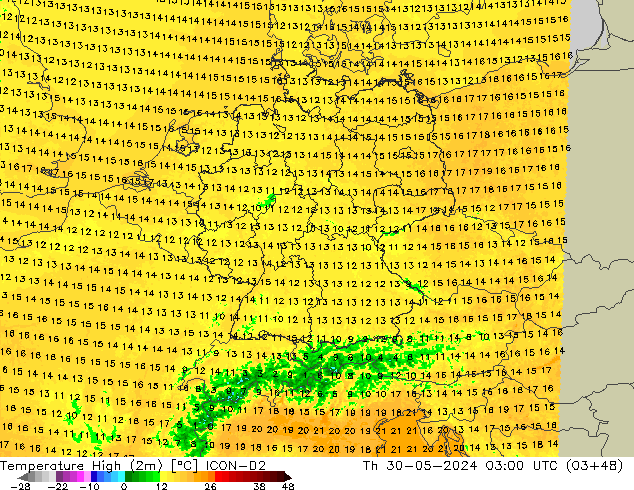 Temperature High (2m) ICON-D2 Th 30.05.2024 03 UTC