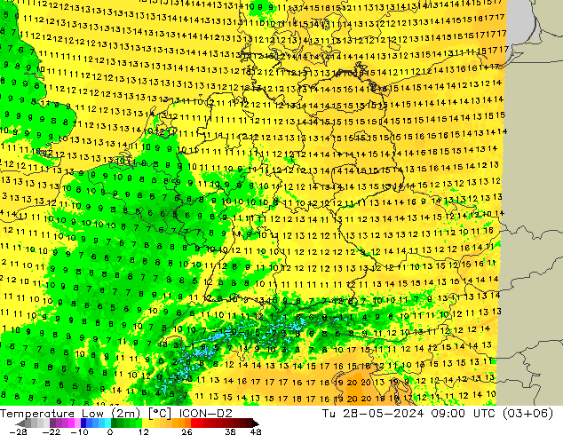 Temperature Low (2m) ICON-D2 Tu 28.05.2024 09 UTC