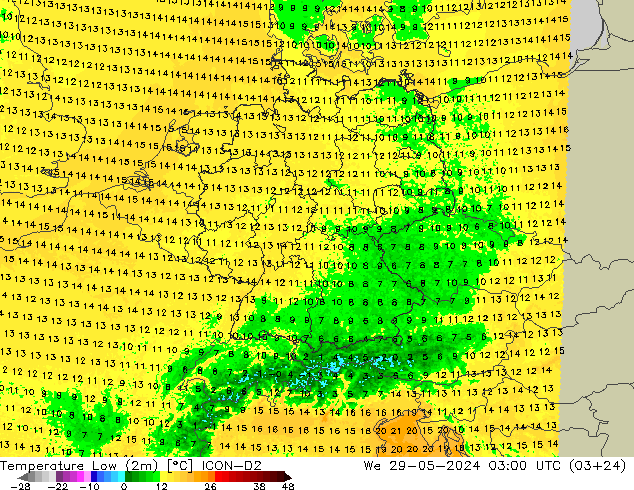 Nejnižší teplota (2m) ICON-D2 St 29.05.2024 03 UTC