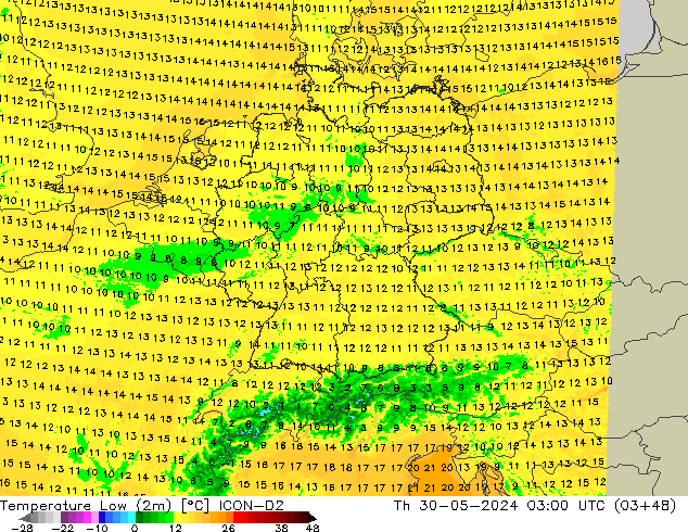 Min.temperatuur (2m) ICON-D2 do 30.05.2024 03 UTC