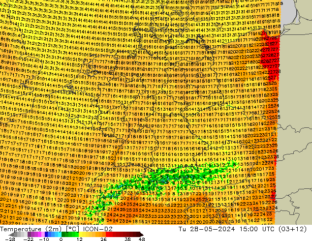 Temperatura (2m) ICON-D2 mar 28.05.2024 15 UTC