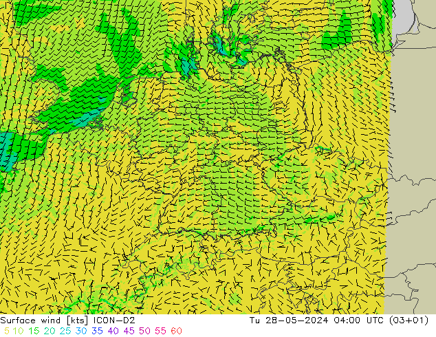 Vento 10 m ICON-D2 Ter 28.05.2024 04 UTC