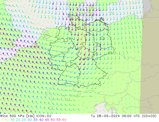 风 500 hPa ICON-D2 星期二 28.05.2024 06 UTC