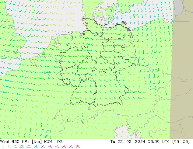 Vent 850 hPa ICON-D2 mar 28.05.2024 06 UTC